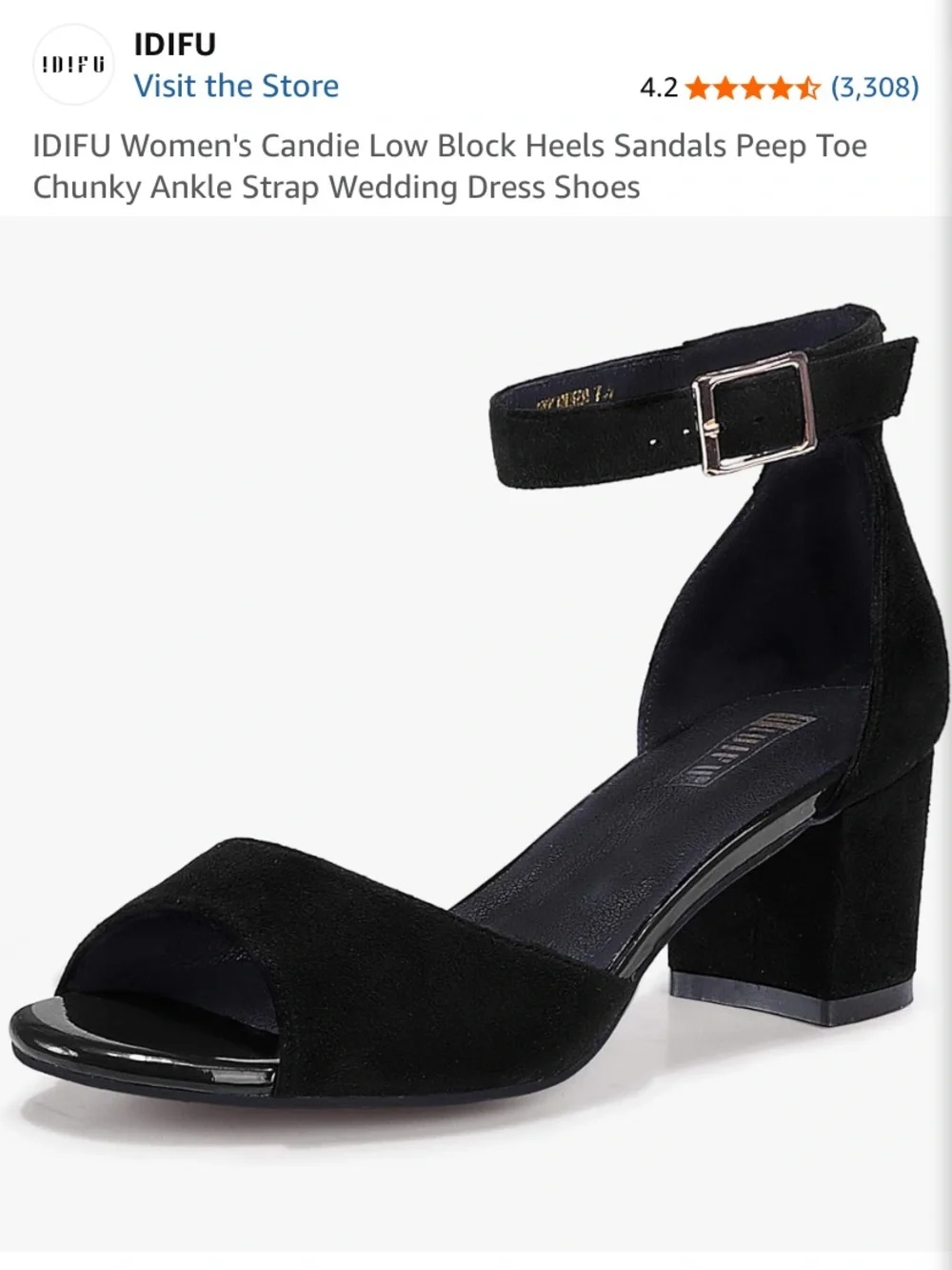 IDIFU Women's Black Suede Block Heel Sandals with Ankle Strap 8.5